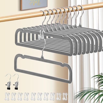 14 Inch 30 Pack Velvet Pants Hangers Non Slip,Slim Felt Jean Hangers with 10 Hooks and 2 Clips,Strong Durable Thin Space Saving Clothes Hanger with 360°Swivel Hook for Shorts,Skirts Bra(Grey)