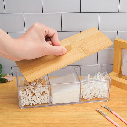 Wood Qtip Holder 3 Compartments Cotton Ball and Swab Holder Organizer with Lid,Jar for Cotton Rounds,Bathroom Containers,Clear Acrylic Desk Organizer for Makeup Pads,Cosmetics Bedroom