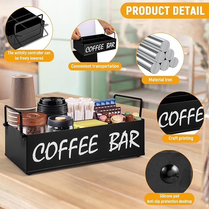 Coffee Station Organizer with Handles, Metal Coffee Bar Accessories Organizer for Countertop, Pod Holder Basket for Sugar Tea - Black Table Decor