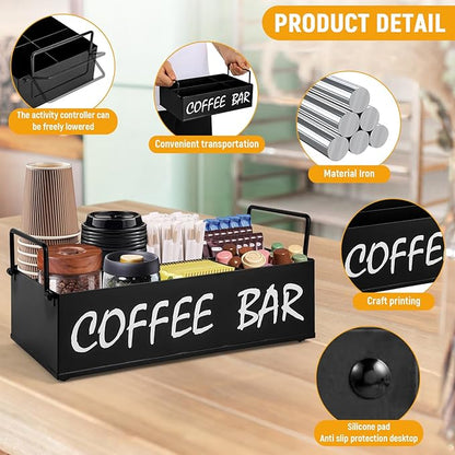 Coffee Station Organizer with Handles, Metal Coffee Bar Accessories Organizer for Countertop, Pod Holder Basket for Sugar Tea - Black Table Decor