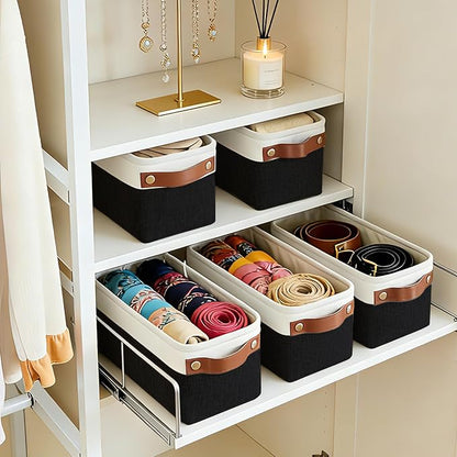 Bagnizer Small Fabric Storage Baskets, 15x6x5 inch Narrow Storage Bins 4-Pack Long Storage Basket for Organizing with Handles, Decorative Basket for Closets, Shelves, Toilet Paper, Black