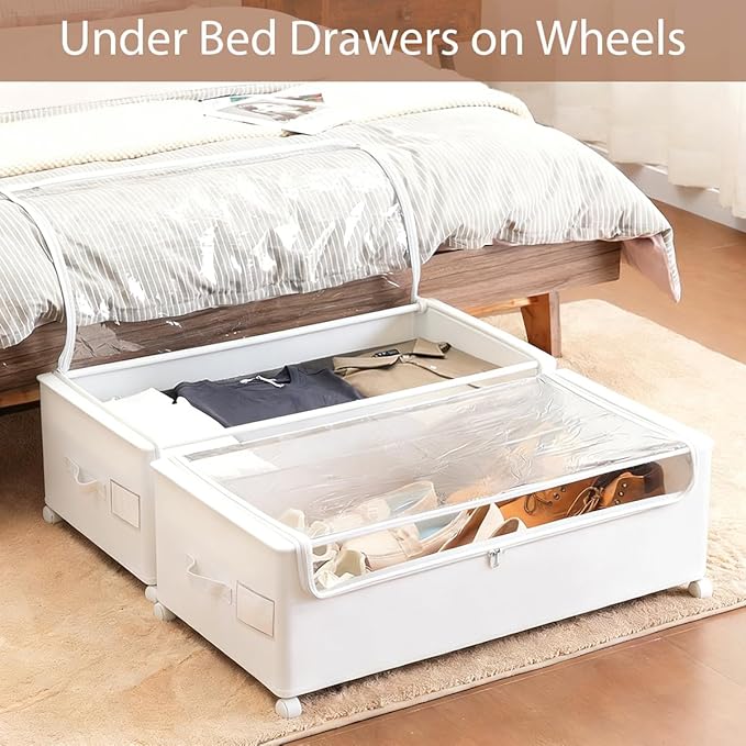 FOUCSSOMEI Under Bed Storage with Wheels, Rolling Under bed Storage with Metal Frame, Under Bed Shoe Storage for Space Saving, Zippered Clear Lid, Heavy-Duty Steel Base for Clothes, White