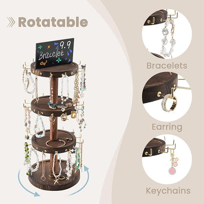 Lolalet 4 Tier Bracelet Holder, Wooden Rotating Bangle Display Stand with 42 Hooks and Tray Base, 360 Degrees Rotatable Rustic Tree Storage for Bracelets Key Chains Small Accessories -Darkbrown