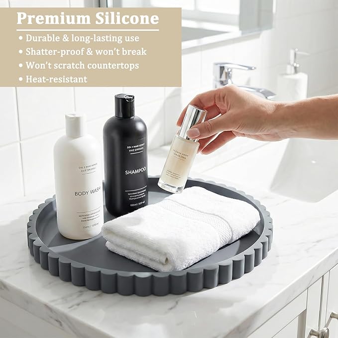 Silicone Bathroom Vanity Tray, Modern Round Decorative Tray for Countertop, Waterproof & Unbreakable Cosmetic Perfume Organizer, Extra-Thick & Sturdy, Easy to Clean Candle Tray (9 inch, Dark Grey)