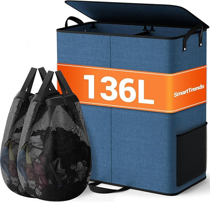 Large Double Laundry Hamper with Lid, Removable Bags & Reinforced Handles, 2 Section Tall Laundry Basket, Dirty Clothes Hampers for Laundry Room, Bedroom, Bathroom, Dorm, 136L, Blue