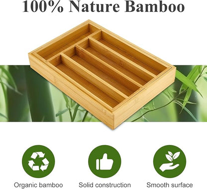 Large Bamboo Kitchen Utensil Drawer Organizer Expandable Flatware Silverware Tray Adjustable Cutlery Drawer Organizer Divider Insert Wood Silverware Utensil Holder Tray Spoon and Fork Organizer
