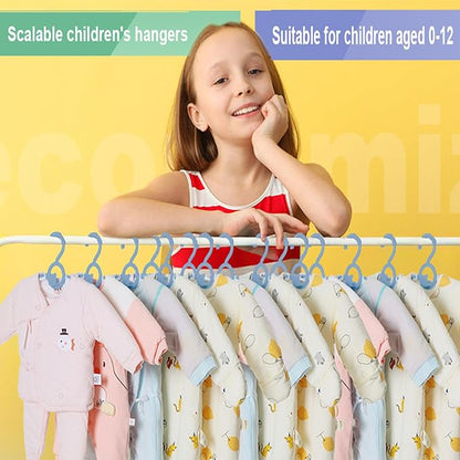 HGYZE Kid Hangers for Closet 50pcs, Blue Infant Clothes Hanger 11-14" Adjustable Plastic Baby Coat Perchas with Bear Hook, Non-Slip Children Outfit Hangars for Boy Toddler Newborn Teen Clothing