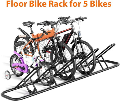 Mr IRONSTONE Floor Bike Rack for Garage, Indoor/Outdoor Storage Stand, Bicycle Parking Rack for Mountain, Road and Kids Bikes (Black, 5-Slot)