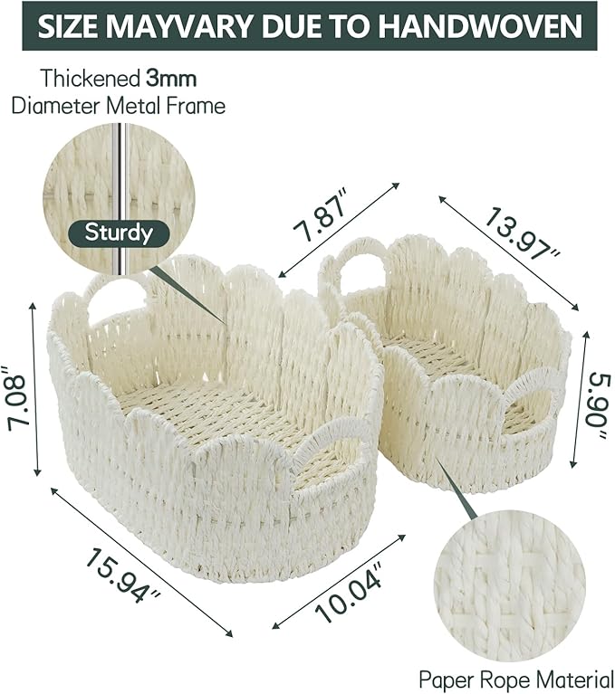 Coeusy Paper Rope Scalloped Basket Set of 2,Hand-woven Storage Baskets for Shelves,Nursery,Books,Toys,Cute Boho Decor Baskets for Organizing,White