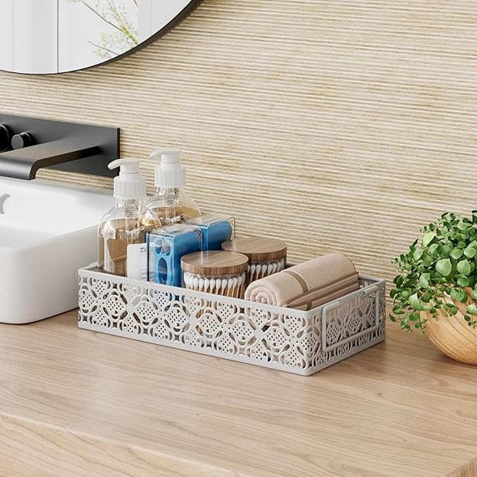 Toilet Tank Topper Paper Basket - White Bathroom Basket Decor Box with Magnetic Paper Towel Holder for Organizing