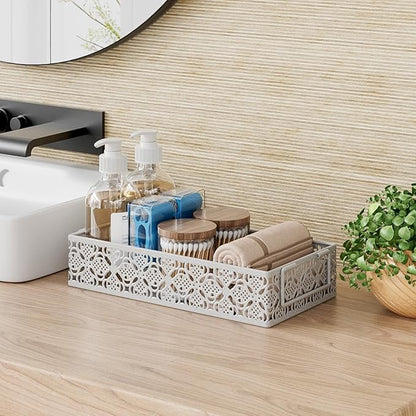 Toilet Tank Topper Paper Basket - White Bathroom Basket Decor Box with Magnetic Paper Towel Holder for Organizing