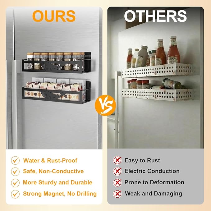 Magnetic Spice Rack for Refrigerator, 2 Pack Metal Magnetic Shelf Organizer for Fridge Side, Strong Spice Storage Rack for Kitchen, Black
