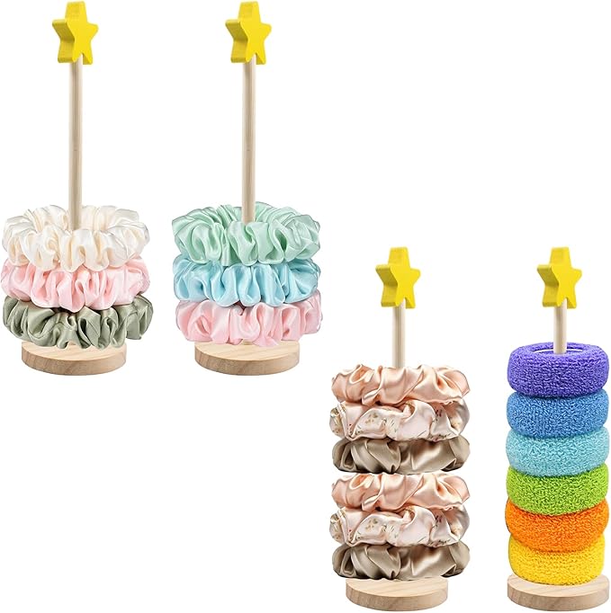 4 PCS Scrunchie Holder Stand, Solid Wood Hair Tie Organizer, Star Shape Vertical Scrunchies Storage Display Tower, Scrunchy Holder for Girls Women, Bathroom Bedroom Decor, 10.3'' Tall