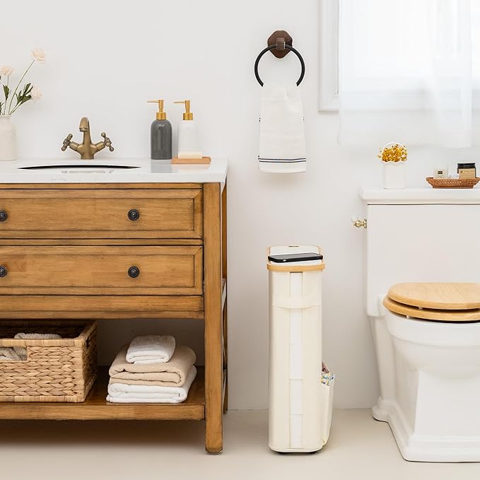 StorageWorks Toilet Paper Storage Baskets with Dual Flip Lids, Toilet Paper Organizer for Bathroom, Toilet Paper Container with Side Pocket, Holds 15 Mega or 20 Regular Rolls, Large, Beige