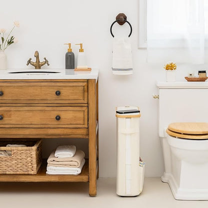 StorageWorks Toilet Paper Storage Baskets with Dual Flip Lids, Toilet Paper Organizer for Bathroom, Toilet Paper Container with Side Pocket, Holds 15 Mega or 20 Regular Rolls, Large, Beige