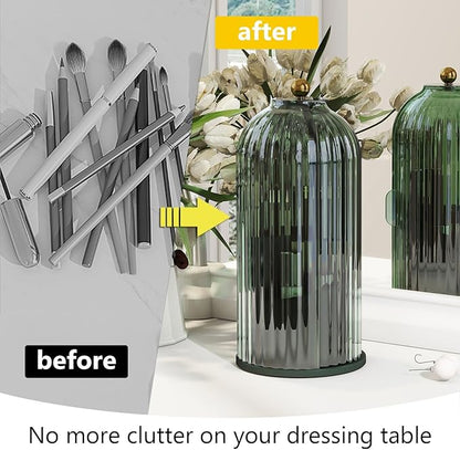 Makeup Brush Holder with Dustproof Cover 360 Rotating Makeup Brush Organizer for Vanity Bathroom, All Green