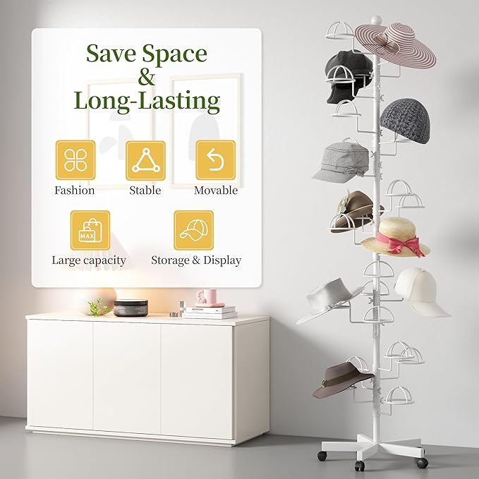 Freestanding Hats Rack Stand with 25 Customizable Circular Hooks Metal Hat Rack Hats Tree Organizer Rack Display Standing Floor Hat Stand for Home Store Commercial, White