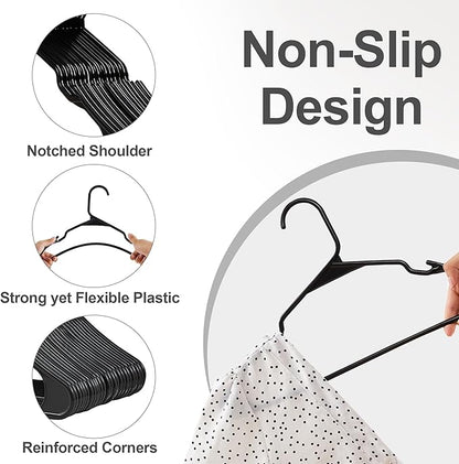 VECELO 50 Pack Plastic Hangers-Clothes Hangers Set with Shoulder Non Slip Notches for Closet Space Saving-Heavy Duty Coat Hanger,Black