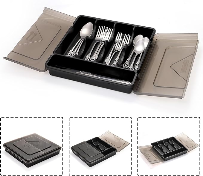Dicunoy Silverware Organizer with Lid, Covered Utensil Drawer Organizer Tray for Kitchen, 5 Compartments Plastic Black Cutlery Flatware Storage Box for Spoons Forks Knives, Office, RV, Countertop