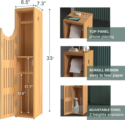 AmazerBath Toilet Paper Storage Cabinet Bamboo, Toilet Paper Holder with Storage for Small Spaces, Slim Bathroom Storage Cabinet, 33x7.3x6.5 Inches