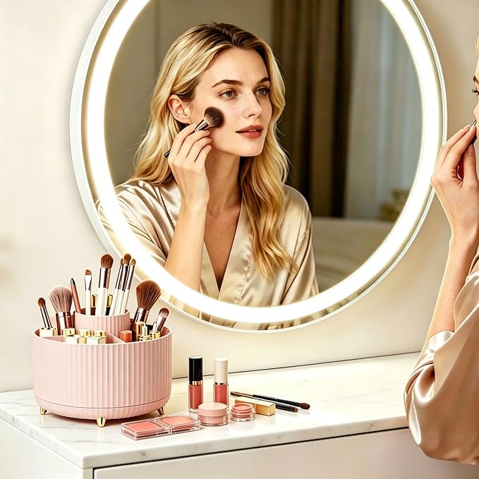 360°Rotating Makeup Brush Holder Organizer, Pink Countertop Cosmetic Display Case, Spinning Skincare Storage Carousel for Vanity, Desktop & Bathroom
