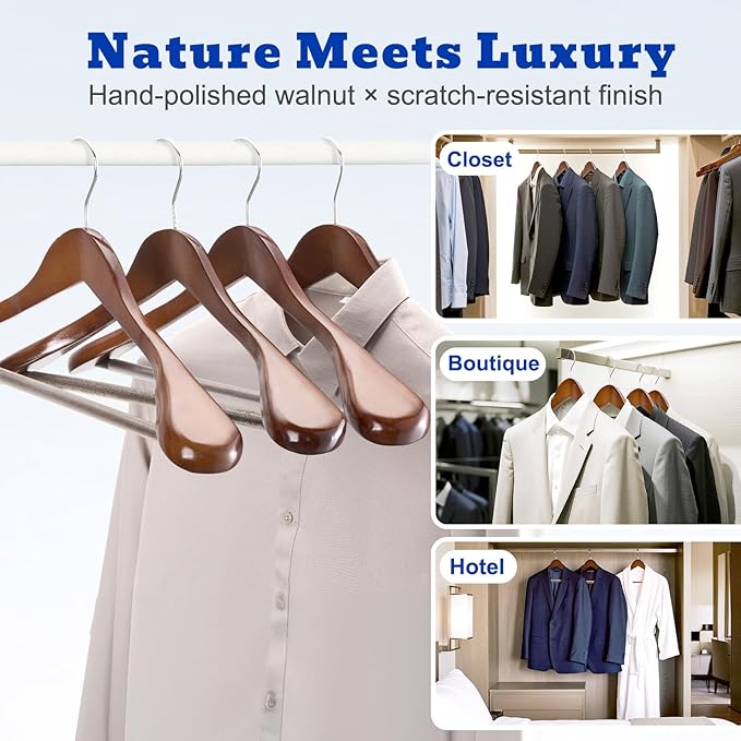 HOUSE DAY Wide Shoulder Wooden Hangers, Suit Hangers with Non Slip Pants Bar, Smooth Finish 360° Swivel Hook Solid Wood Coat Hangers for Dress, Jacket, Pants, Heavy Clothes Hangers 6 Pack (Walnut)