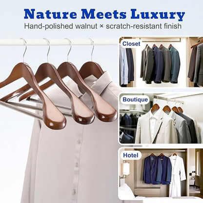HOUSE DAY Wood Suit Hangers for Men 24 Pack, Smooth Wide Shoulder Wooden Hangers with Non Slip Pant Holder, Wide Hangers for Suits, Coats, Jackets, Heavy Wide Clothes Hanger, Walnut