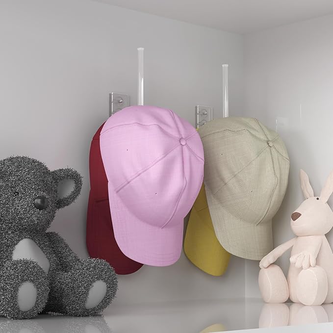 Durmmur 2 Pack Hat Racks for Baseball Caps, Acrylic Hat Organizer, Hat Hooks for Wall, Hat Holder Storage Organizer, Hat Hanger Strong Adhesive/Wall Drilled for Door, Bedroom, Closet(Clear 6 in)