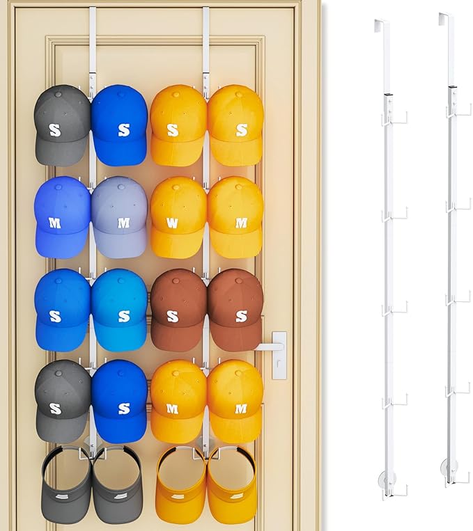 SWTYMIKI Over Door Hat Organizer - 2 Packs Metal Wall Mounted Hat Rack with 5-Tier Dual Hooks Design, Hanging Baseball Cap Organizer Storage Holds up to 40 Caps for Door, Bedroom, Closet(White)