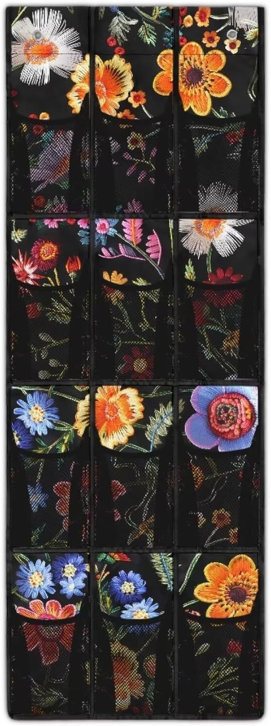 Floral Over The Door Organizer, Pantry Organizers and Storage with 12 Mesh Pockets, Heavy Duty Large Capacity Stuffed Animal Storage