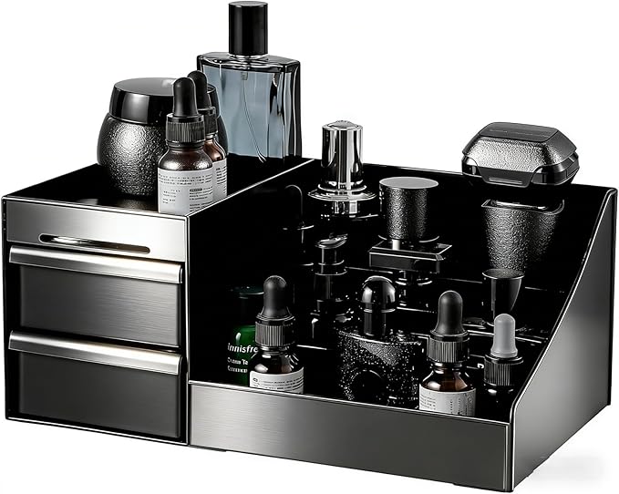 UFORU Large Black Vanity Organizer for Men, Countertop Cologne Organizer with Drawers, Perfume Stand & Mens Skincare Storage, Deodorant Display for Bathroom Bedroom Dresser, Ideal Gifts for Men