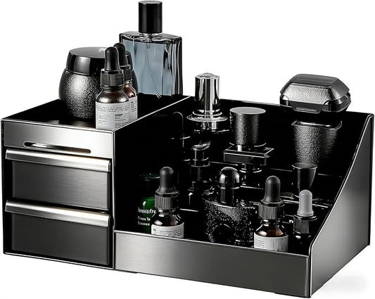 UFORU Large Black Vanity Organizer for Men, Countertop Cologne Organizer with Drawers, Perfume Stand & Mens Skincare Storage, Deodorant Display for Bathroom Bedroom Dresser, Ideal Gifts for Men