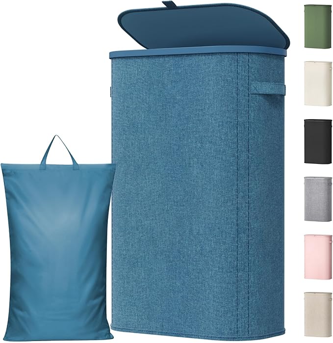 Lifewit Slim Laundry Basket with Lid, Narrow Large Laundry Hamper with Plastic Handles and Removable Bag, Tall Foldable Dirty Clothes Hampers for Laundry Room, Bedroom, Bathroom, Dorm, 65L Dark Blue