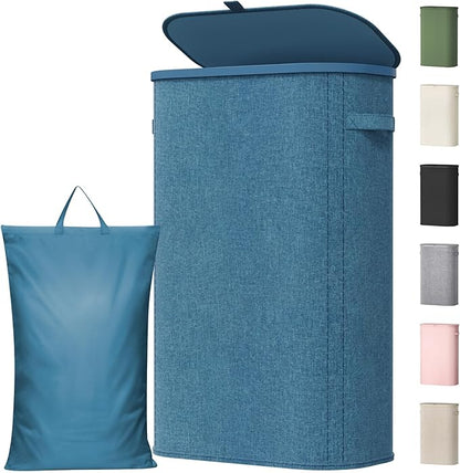 Lifewit Slim Laundry Basket with Lid, Narrow Large Laundry Hamper with Plastic Handles and Removable Bag, Tall Foldable Dirty Clothes Hampers for Laundry Room, Bedroom, Bathroom, Dorm, 65L Dark Blue