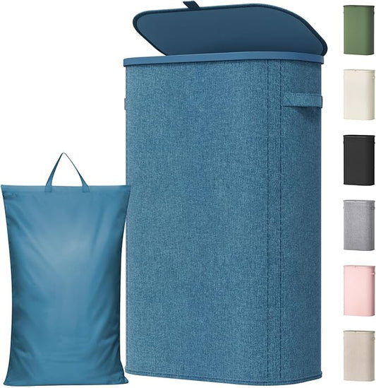 Lifewit Slim Laundry Basket with Lid, Narrow Large Laundry Hamper with Plastic Handles and Removable Bag, Tall Foldable Dirty Clothes Hampers for Laundry Room, Bedroom, Bathroom, Dorm, 65L Dark Blue