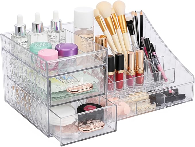 Makeup Organizer, Large-Capacity Clear Acrylic 2-Tier Makeup Brush Holder, Countertop Use, Make Up Organizers for Counter with Drawers, Make Up Brush Holder for Vanity Bathroom Desktop, Model