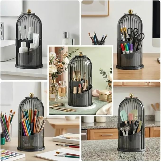 Makeup Brush Holder with Lid 360° Rotating 3-Compartment Makeup Organizers for Vanity, Waterproof & Dustproof Cosmetic Storage Box for Dressing Table (Transparent Black)