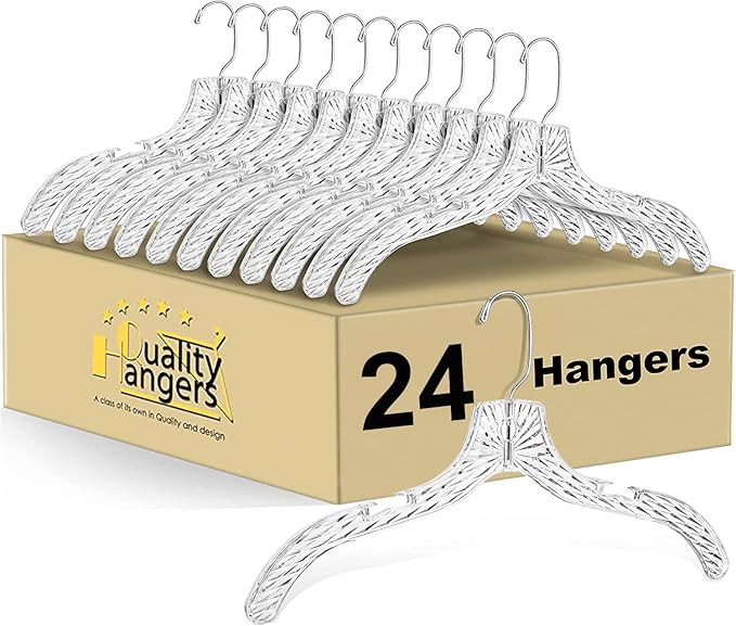 Quality Clear Plastic Hangers 24 Pack - Crystal Cut for Shirts, Suits, Coats, Dresses Hangers, Heavy Duty & Nonslip Design with Swivel Hook, 17 inches