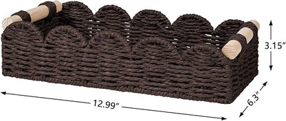 CubesLand Toilet Paper Storage Basket Organizer, Small Wicker Toilet Tank Top Decorative Baskets for Countertop, Handwoven Scalloped Basket w/handle for Home Decor, Living Room, Bedroom, Brown