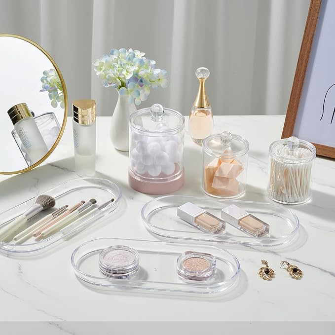 SheeChung Acrylic Vanity Tray, 2 Pack, Clear, 9.65 in x 4.5 in x 0.79 in, Catchall Tray, Countertop Sink Tray Dispenser, Sturdy Holder for Cabinet, Shelf, Cupboard, or Closet Organization