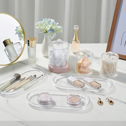 SheeChung Acrylic Vanity Tray, 2 Pack, Clear, 9.65 in x 4.5 in x 0.79 in, Catchall Tray, Countertop Sink Tray Dispenser, Sturdy Holder for Cabinet, Shelf, Cupboard, or Closet Organization