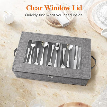 Lifewit Silverware Storage Box, Covered Flatware Organizer with Zipper Lid, 5 Compartment Cutlery Case with Adjustable Divider and Handle, Utensil Container for Spoon Fork Knives, 2 Pack, 27 -43cm