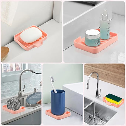 Silicone Soap Dish with Drain, SAISN Kitchen Soap Tray for Shower 2 Pack Self Draining Soap Dish Soft Bathroom Soap Holder for Kitchen Sink Flexible Portable Soap Saver, Pink