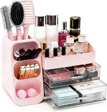 Makeup Organizer Countertop, Spacious Cosmetic Display Case with Makeup Brush Holder, Perfect Vanity Bathroom Organizer and Storage, Pink