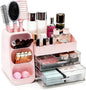 Makeup Organizer Countertop, Spacious Cosmetic Display Case with Makeup Brush Holder, Perfect Vanity Bathroom Organizer and Storage, Pink