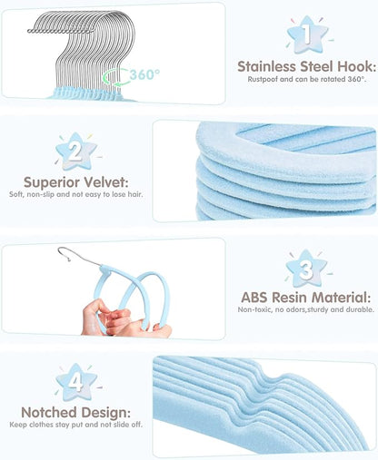 VIS'V Baby Hangers, 11 Inch Velvet Kids Hangers with 6 Pcs Clothes Size Dividers, Infant Toddler Nursery Closet Organization, Non Slip, Blue, 50 Pcs