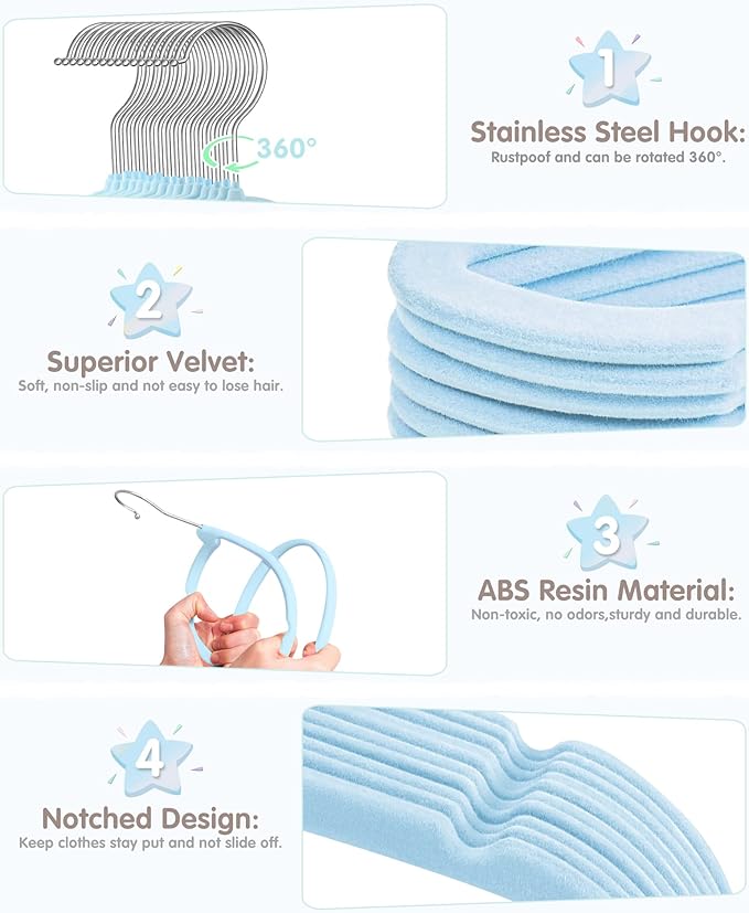 VIS'V Baby Hangers, 11 Inch Velvet Kids Hangers with 6 Pcs Clothes Size Dividers, Infant Toddler Nursery Closet Organization, Non Slip, Blue, 30 Pcs