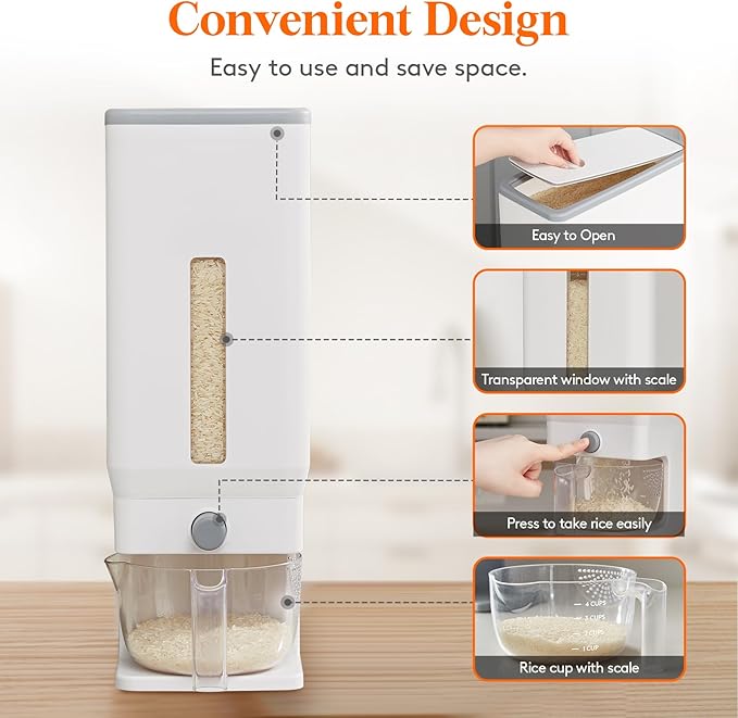 Lifewit 2 Pack Rice Dispenser 25 Lbs(11.3kg), Rice Storage Container Sealed Moisture Proof with Measuring Cup for Kitchen Pantry Household, BPA-Free, White