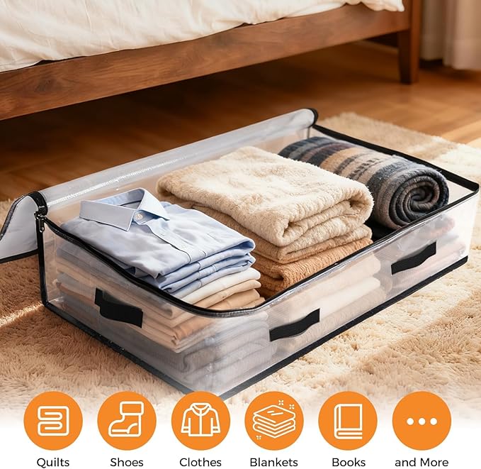 2 Pack Under Bed Storage Bags, 75L Foldable Clear Storage Containers with Handles, Dual Zippers for Comforter, Clothes, Bedding, Linen Sheets, Sweaters, Blanket Storage