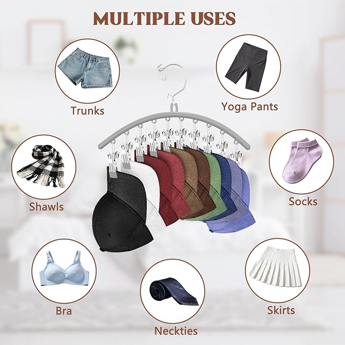 3 Pack Hat Hangers for Closet Display, Metal Hat Organizer for Baseball Caps with 30 Clips, Hats Rack Holder for Closet, Hats Storage for Baseball Caps Beanie Accessories Men Women, Grey